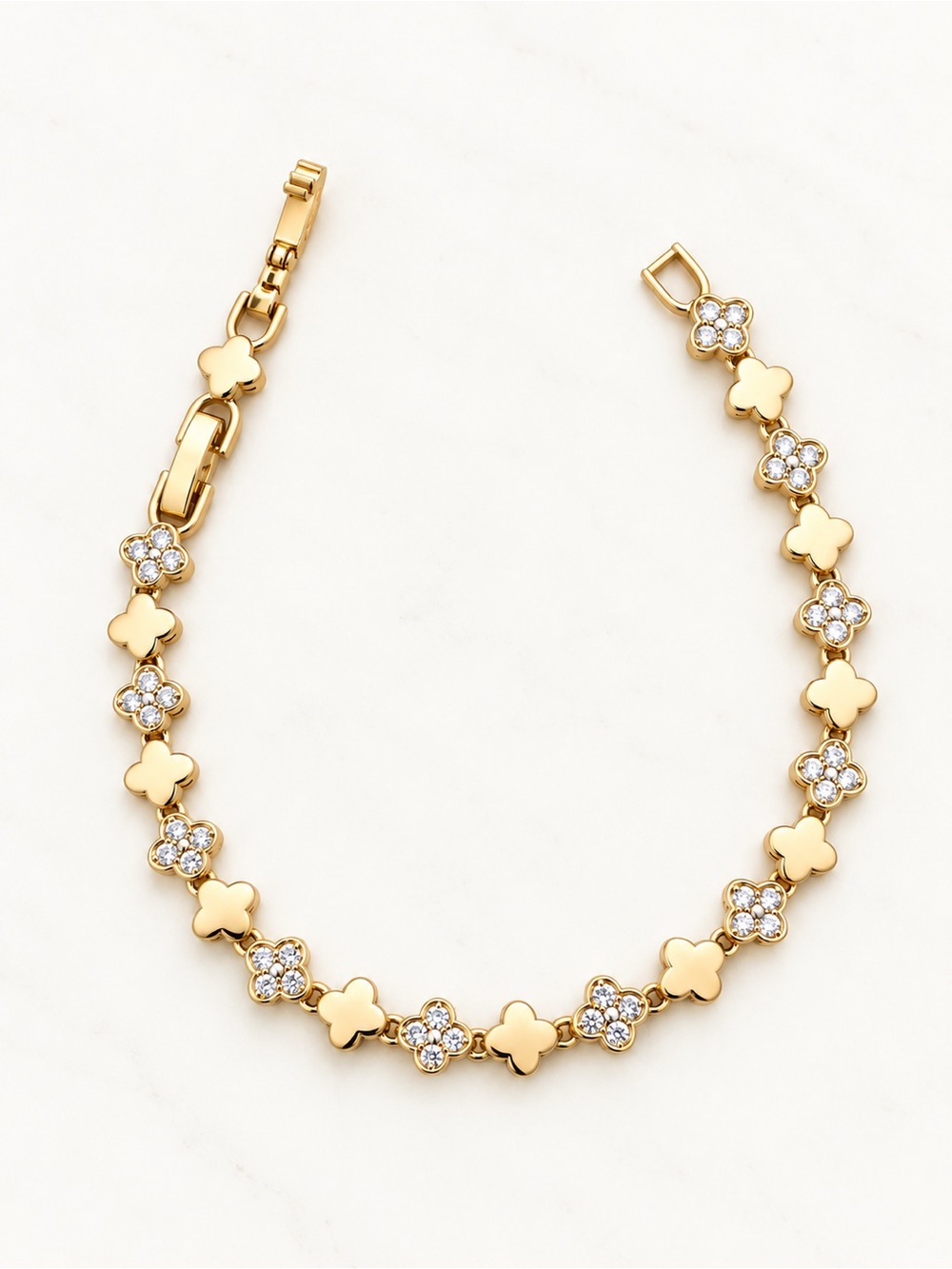 14K Gold Plated Real Zircon Clover Station Bracelet Rhodium Lucky Four Leaf